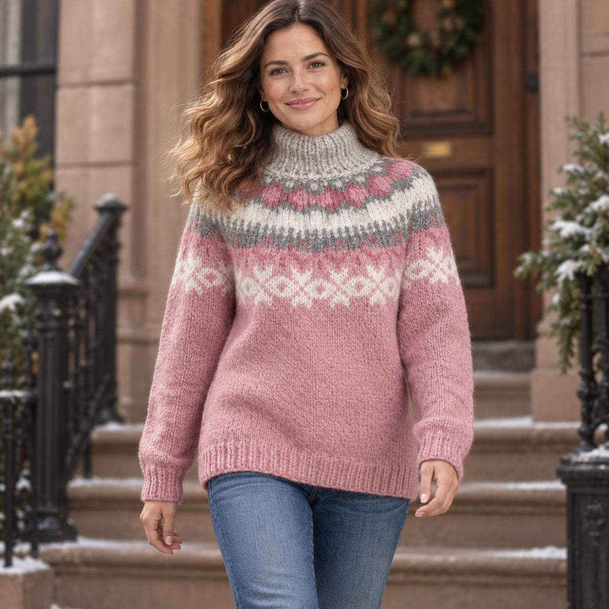 christmas sweater — Women's Nordic Pattern Knit Sweater — Paula — Pink — complete garment in a gentle walking pose — view 8