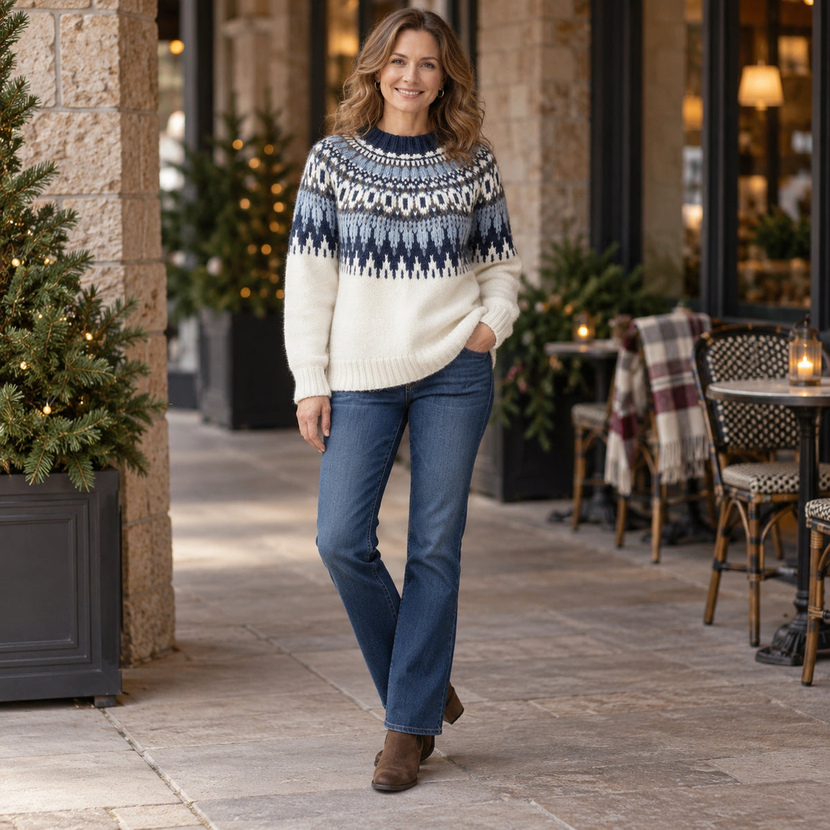 christmas sweater — Women's Nordic Pattern Knit Sweater — Paula — Cream and Blue — full outfit while standing — view 9