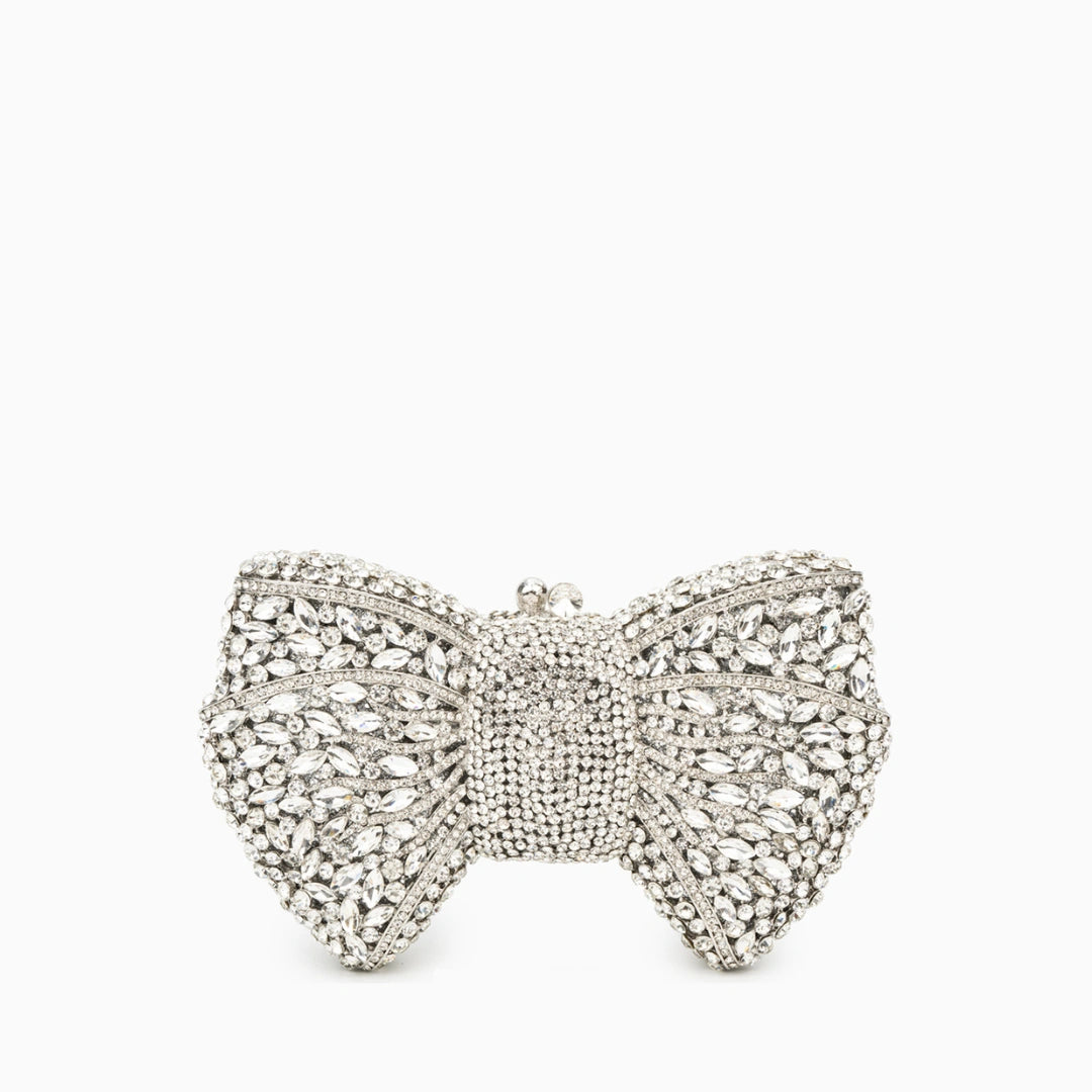 Elegant clutch bag in a soft beige fabric with sleek silhouette, featuring gold tone clasp and detachable chain — view 11