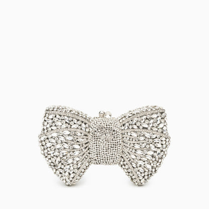 Elegant clutch bag in a soft beige fabric with sleek silhouette, featuring gold tone clasp and detachable chain — view 11