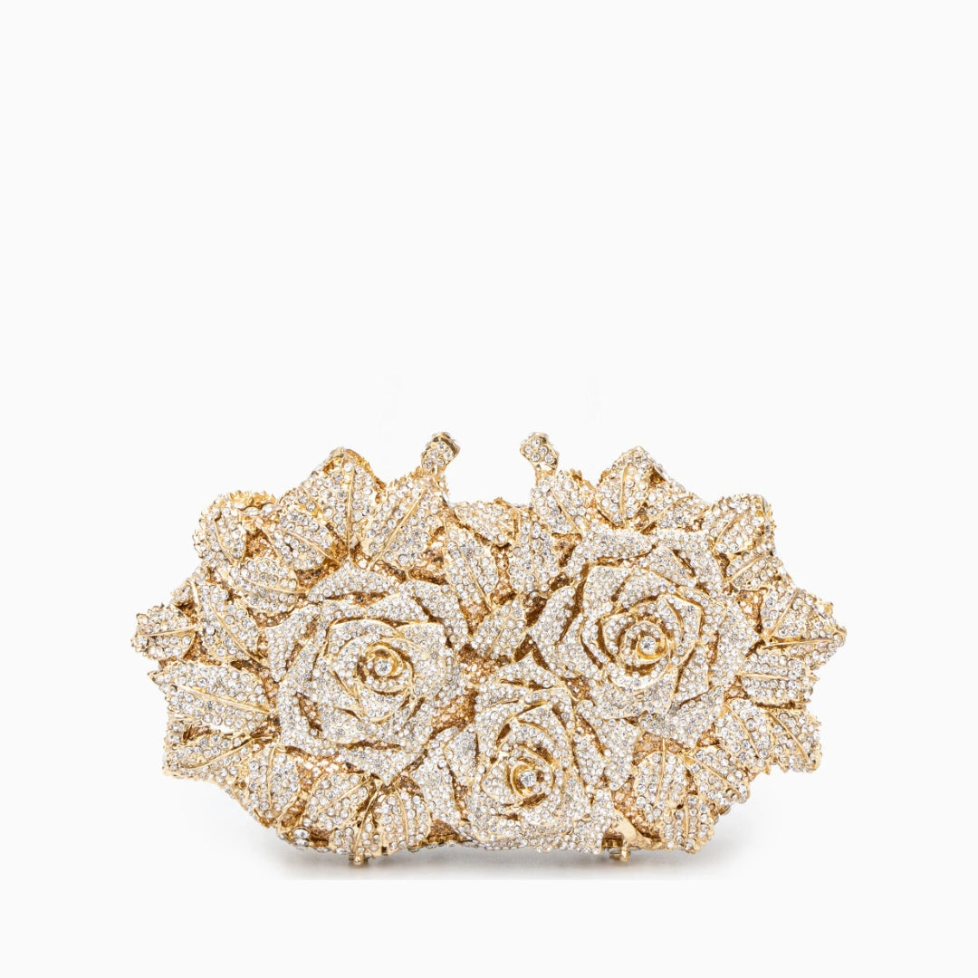 Elegant rose clutch bag made of soft leather, featuring a sleek silhouette and gold tone clasp, front view