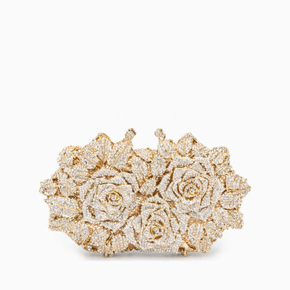 Elegant rose clutch bag made of soft leather, featuring a sleek silhouette and gold tone clasp, front view