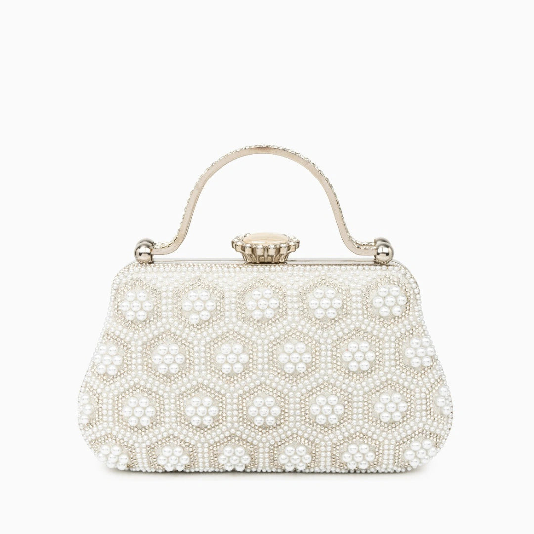 Elegant pearl clutch bag featuring a smooth finish, adorned with delicate clasp, shown in front view