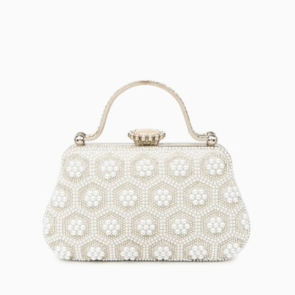 Elegant pearl clutch bag featuring a smooth finish, adorned with delicate clasp, shown in front view