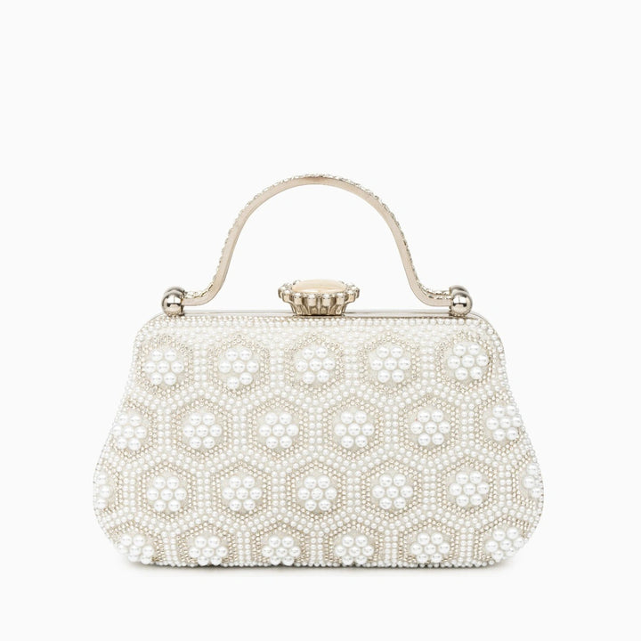 Elegant pearl clutch bag featuring a smooth finish, adorned with delicate clasp, shown in front view