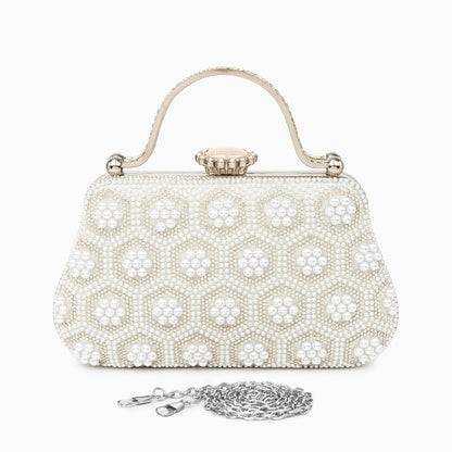 Elegant pearl clutch bag with a textured surface, featuring gold tone clasp and sleek, compact design — view 4 — view 4
