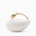 Clear acrylic clutch bag with a geometric design, featuring gold tone clasp and chain strap, front view