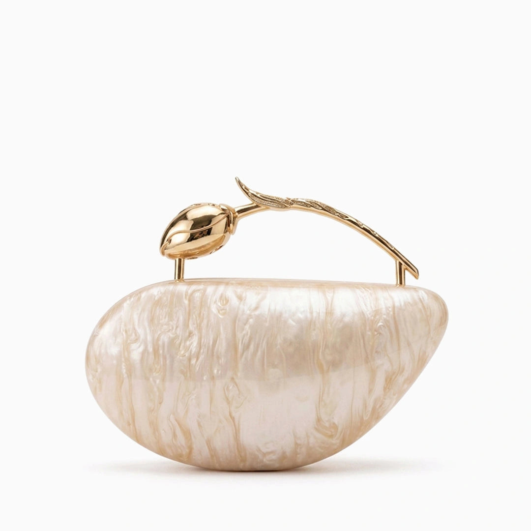 Clear acrylic clutch bag with a geometric design, featuring gold tone clasp and chain strap, front view — 13 — view 13