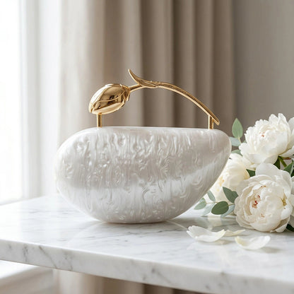 Clear acrylic clutch bag with a geometric design, featuring gold chain strap and clasp closure, angled view — 3 — view 3