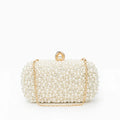 Elegant pearl clutch bag featuring a textured surface and sleek silhouette, showcasing light color clasp closure