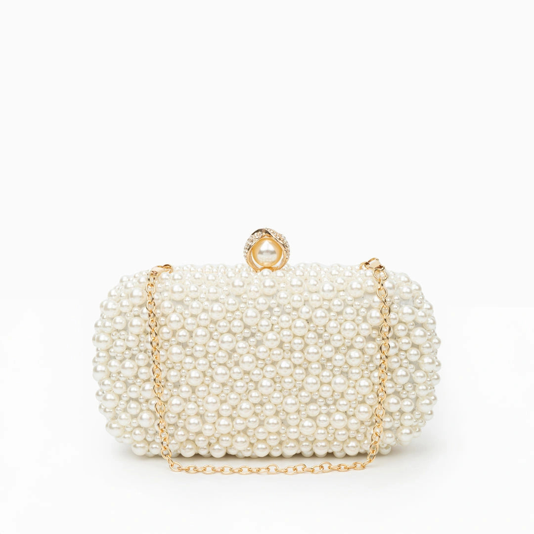 Elegant pearl clutch bag featuring a textured surface and sleek silhouette, showcasing light color clasp closure