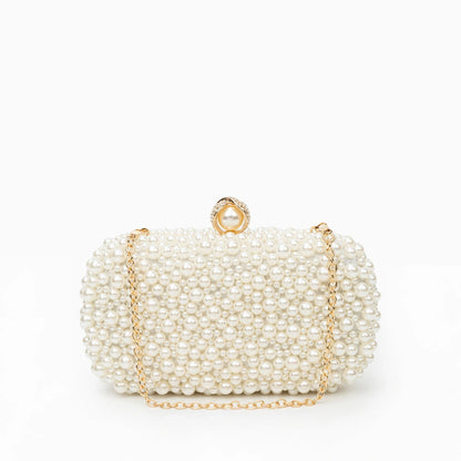 Elegant pearl clutch bag featuring a textured surface and sleek silhouette, showcasing light color clasp closure