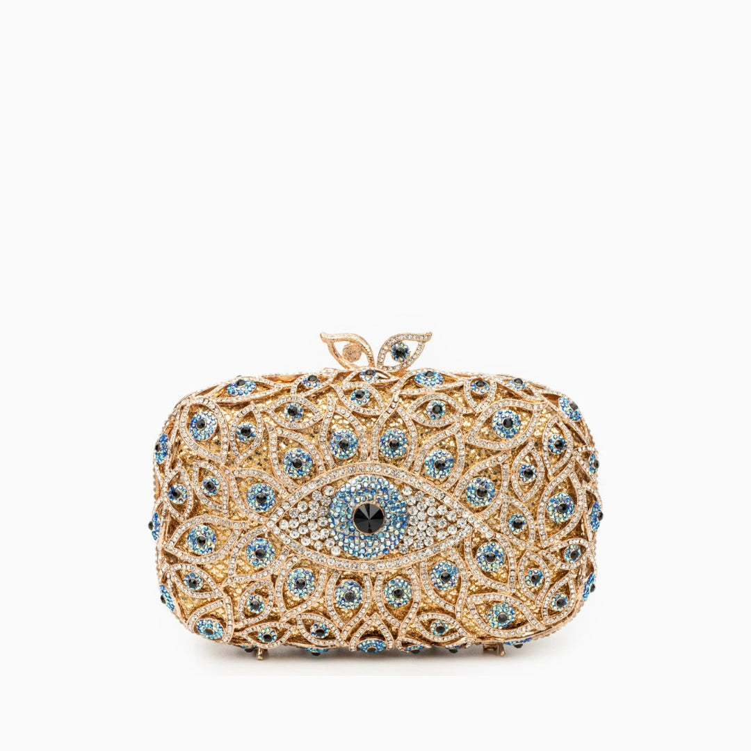 Elegant clutch bag featuring a crystal evil eye design, made of soft fabric with sleek silhouette, front view