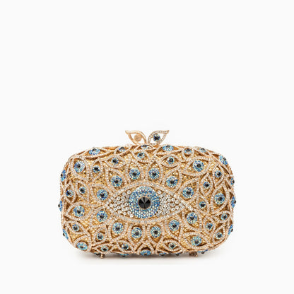 Elegant clutch bag featuring a crystal evil eye design, made of soft fabric with sleek silhouette, front view