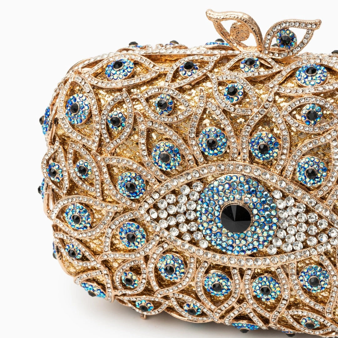 Elegant clutch bag featuring a crystal evil eye design, showcasing intricate detailing and sleek silhouette — view 2 — view 2