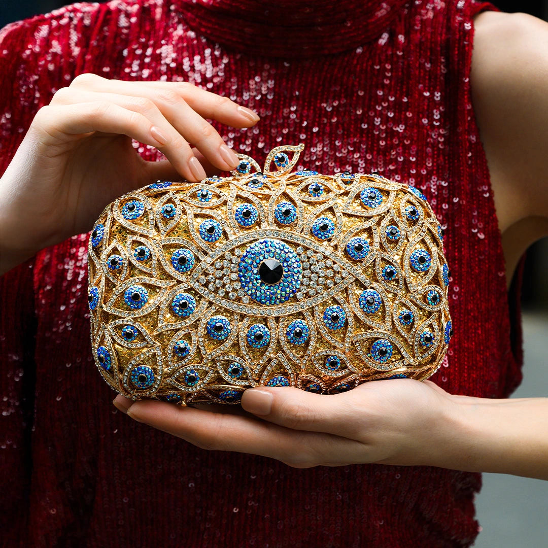 Elegant clutch bag featuring a crystal evil eye design, showcasing intricate details and vibrant color palette — view 3