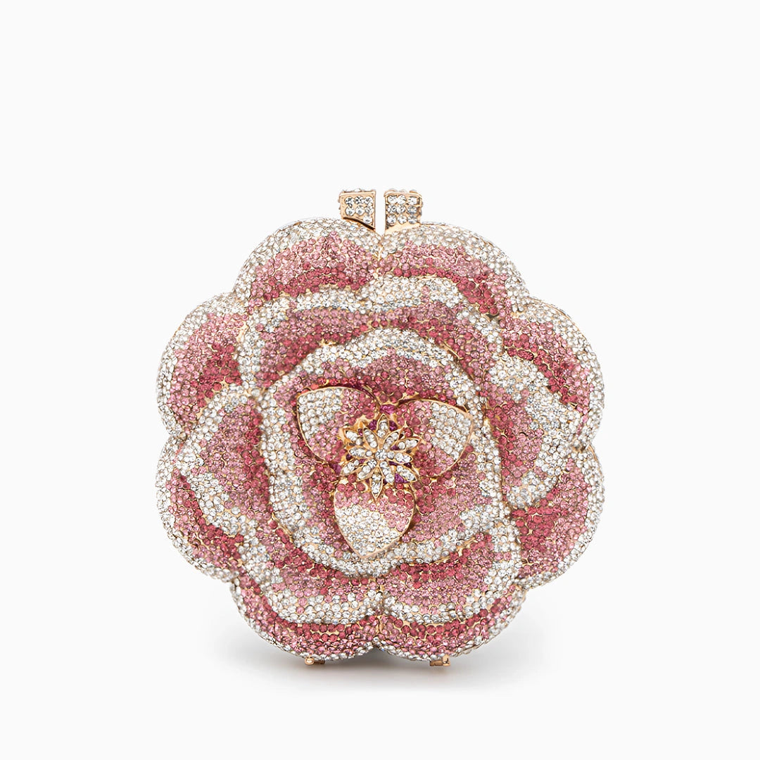 Elegant floral clutch bag featuring a vibrant pattern on soft fabric, top view showcasing the clasp closure
