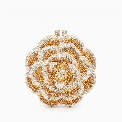 Elegant floral clutch bag featuring a vibrant flower pattern on soft fabric, top view showcasing the clasp closure — view 10