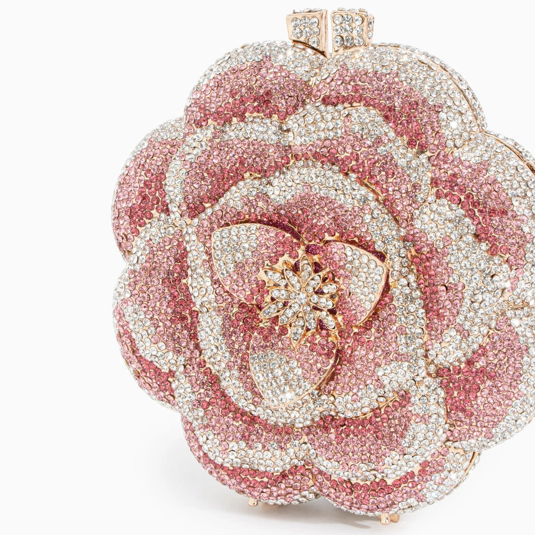 Elegant floral clutch bag featuring a vibrant pattern on soft fabric, top view showcasing the clasp closure — 2 — view 2