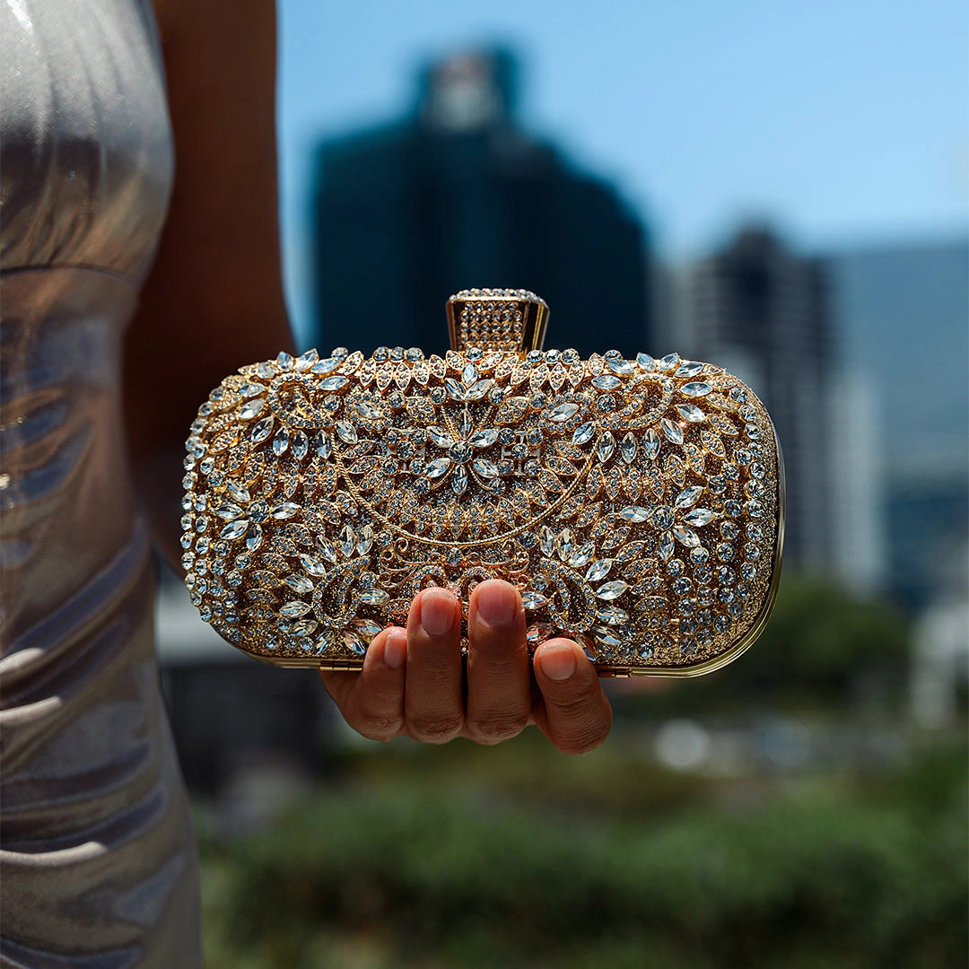 Elegant floral clutch bag featuring a vibrant design with gold tone clasp, showcasing side view of the intricate — 4 — view 4