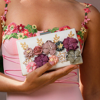 Scarlett red flower clutch bag with intricate floral detailing, showcasing a stylish and elegant design, front view — view 3