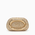 Elegant clutch bag in a soft beige material, featuring sleek silhouette and subtle clasp closure, front view