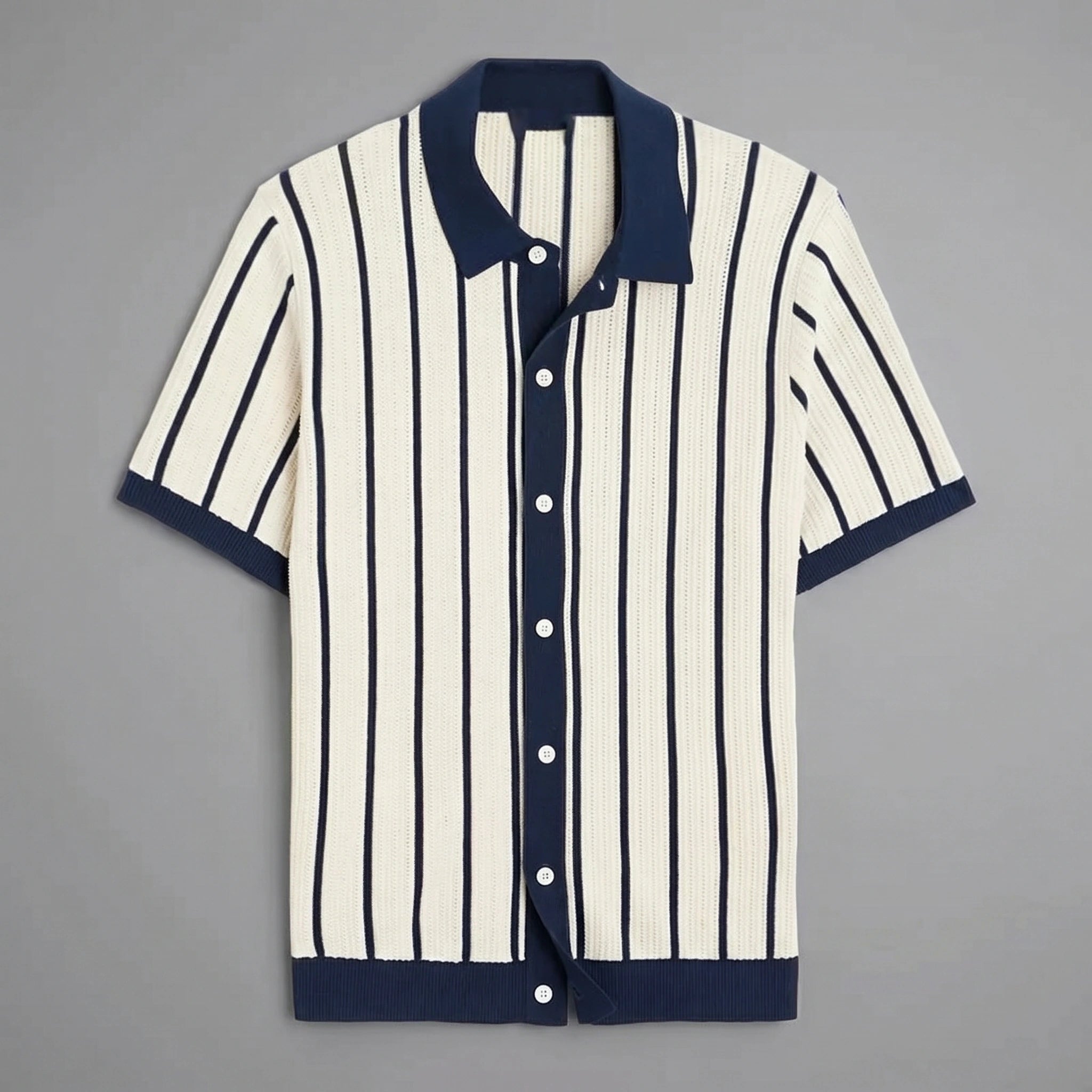 Close up view of the mens slim summer knit shirt showing its soft fabric texture and precise stitching details, set against a neutral background.