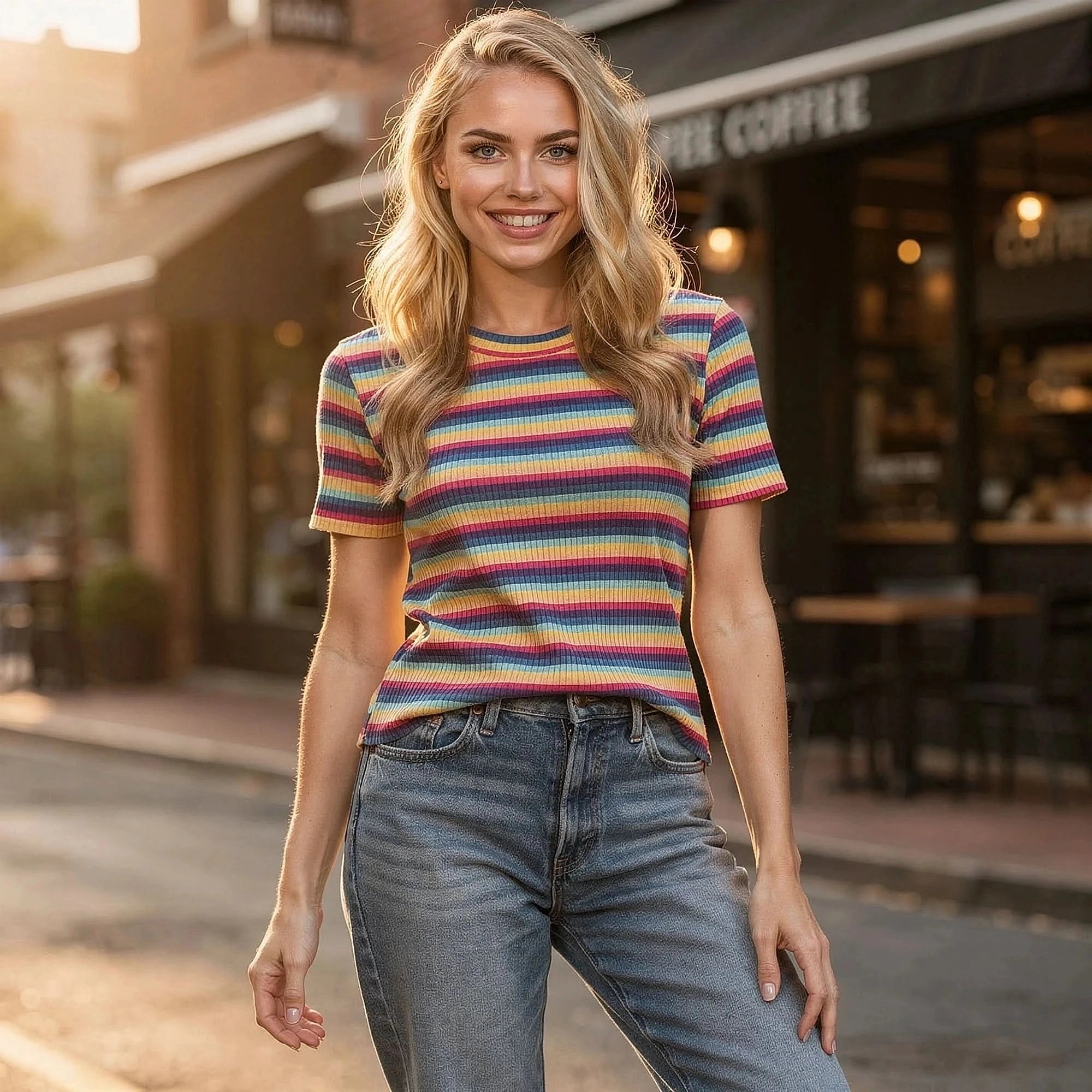 View of a women's elegant slim fit t shirt in soft fabric, featuring a round neckline and short sleeves in a light pastel color