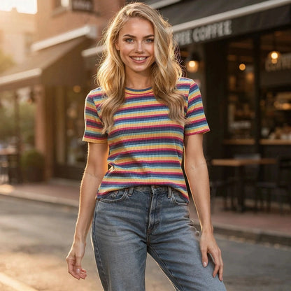 View of a women's elegant slim fit t shirt in soft fabric, featuring a round neckline and short sleeves in a light pastel color