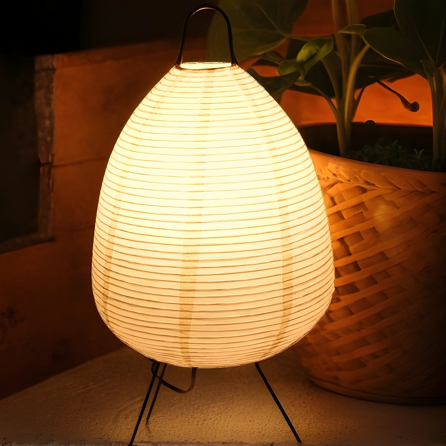 View of a serene minimalist rice paper table lamp featuring a soft white shade and a natural wood base, perfect for living rooms