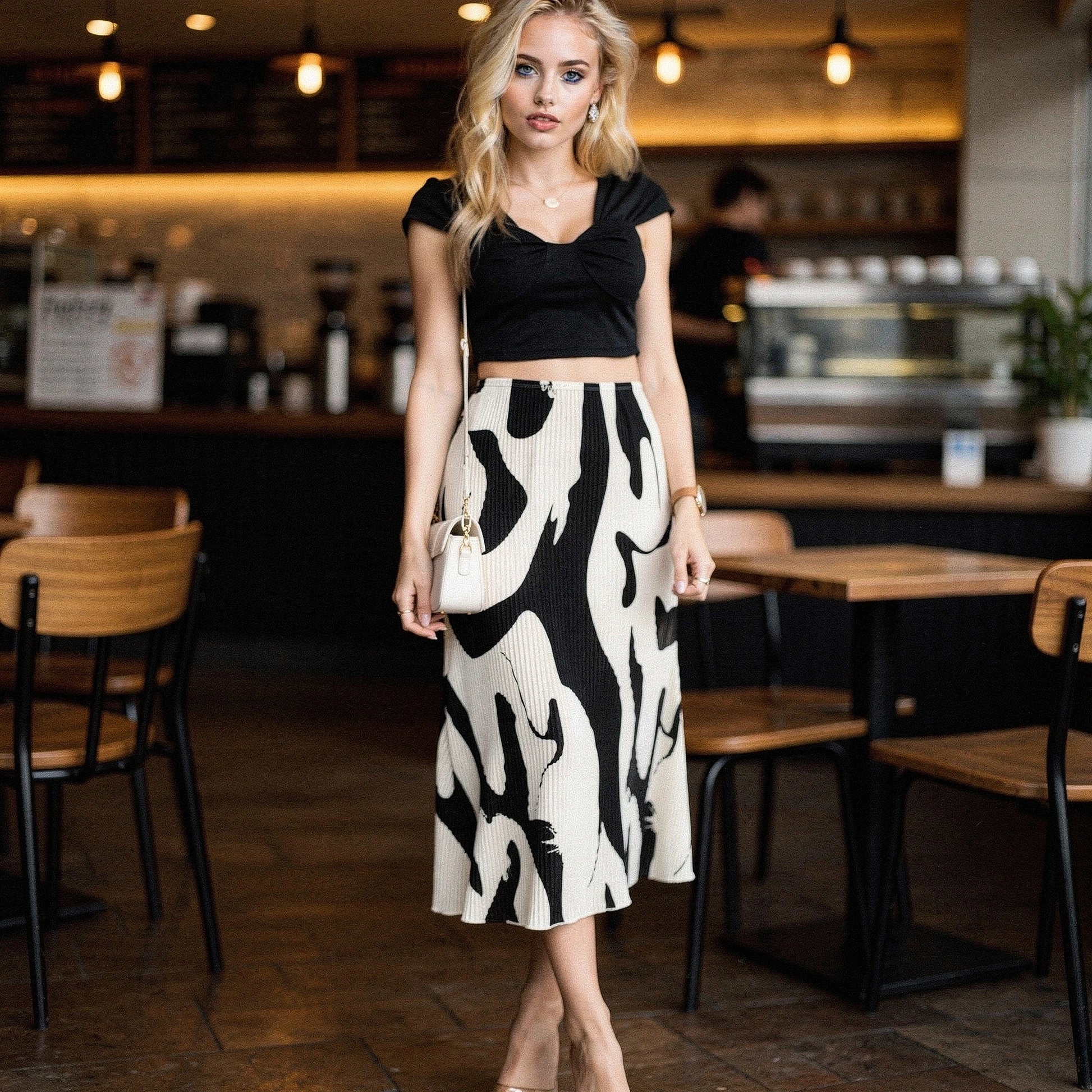 View of a pleated autumn midi skirt in rich burgundy, featuring a soft fabric and elegant flow