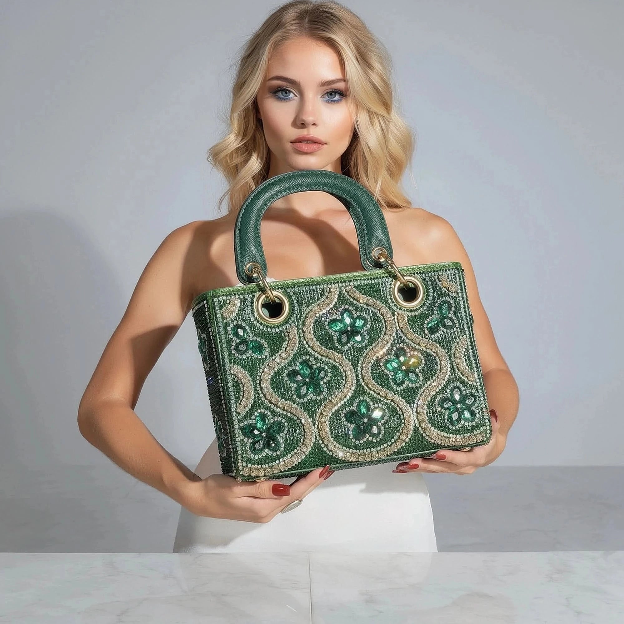 View of an elegant rhinestone evening crossbody bag in silver, featuring a sleek design and shimmering embellishments