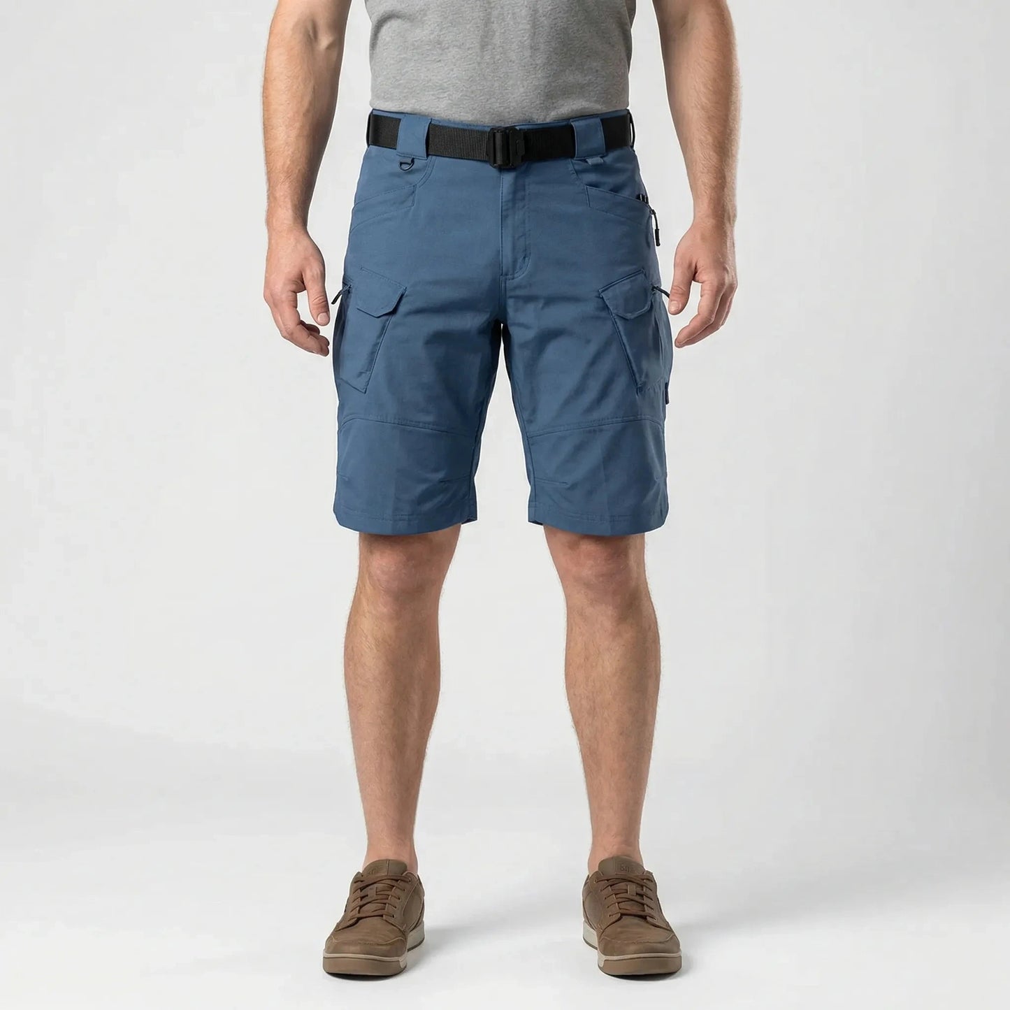 View of durable khaki cargo shorts featuring multiple pockets and a comfortable fit, showcasing the sturdy fabric and stitching