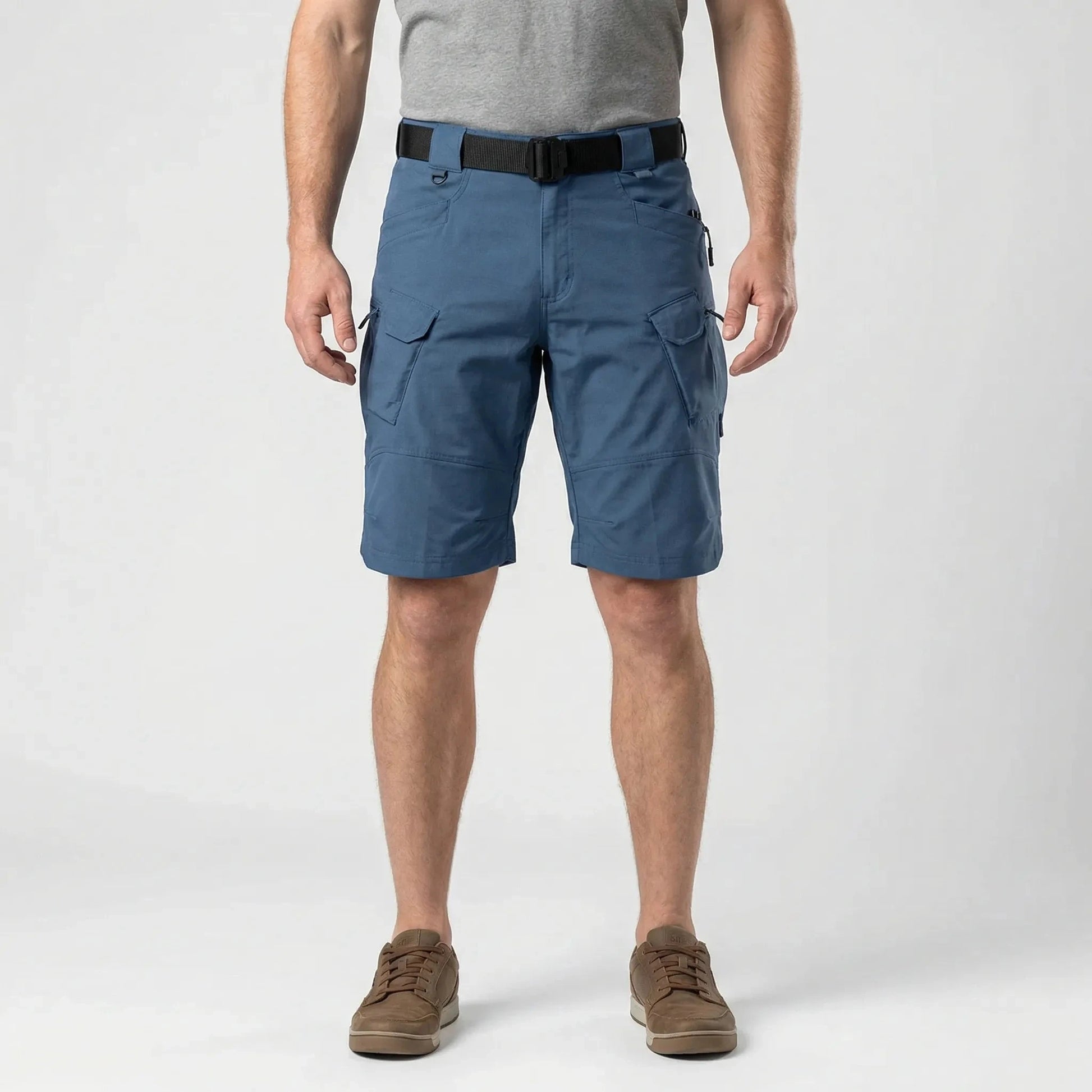 View of durable khaki cargo shorts featuring multiple pockets and a comfortable fit, showcasing the sturdy fabric and stitching