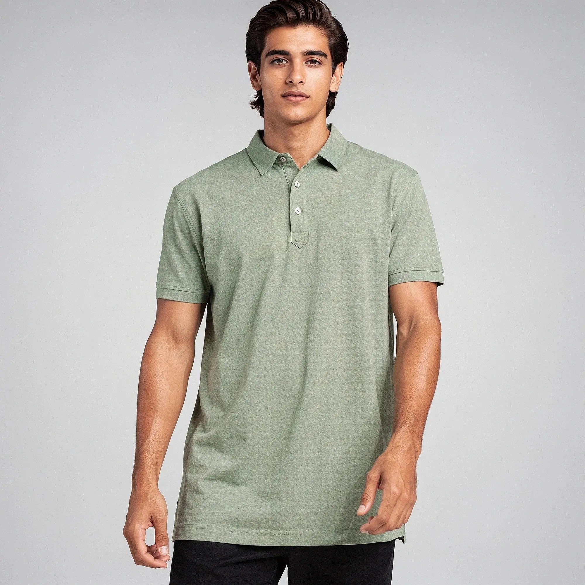 View of a slim fit crew neck short sleeve polo shirt in light gray cotton fabric