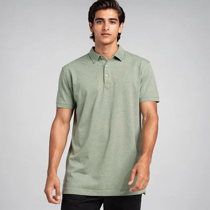 View of a slim fit crew neck short sleeve polo shirt in light gray cotton fabric