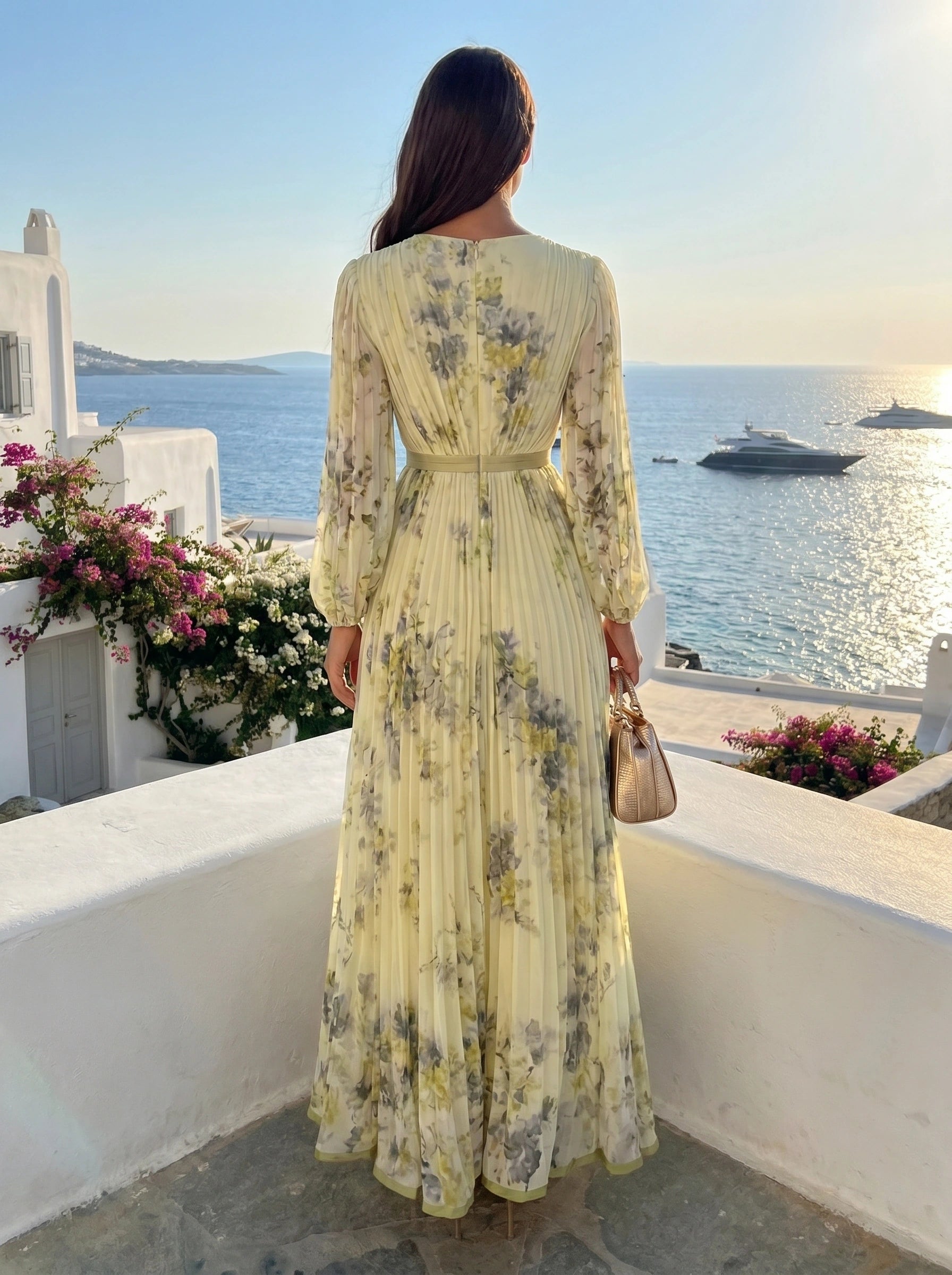 Close up view of the Womens Flowy Maxi Dress showing the delicate fabric texture and precise stitching details, emphasizing its sophisticated design.