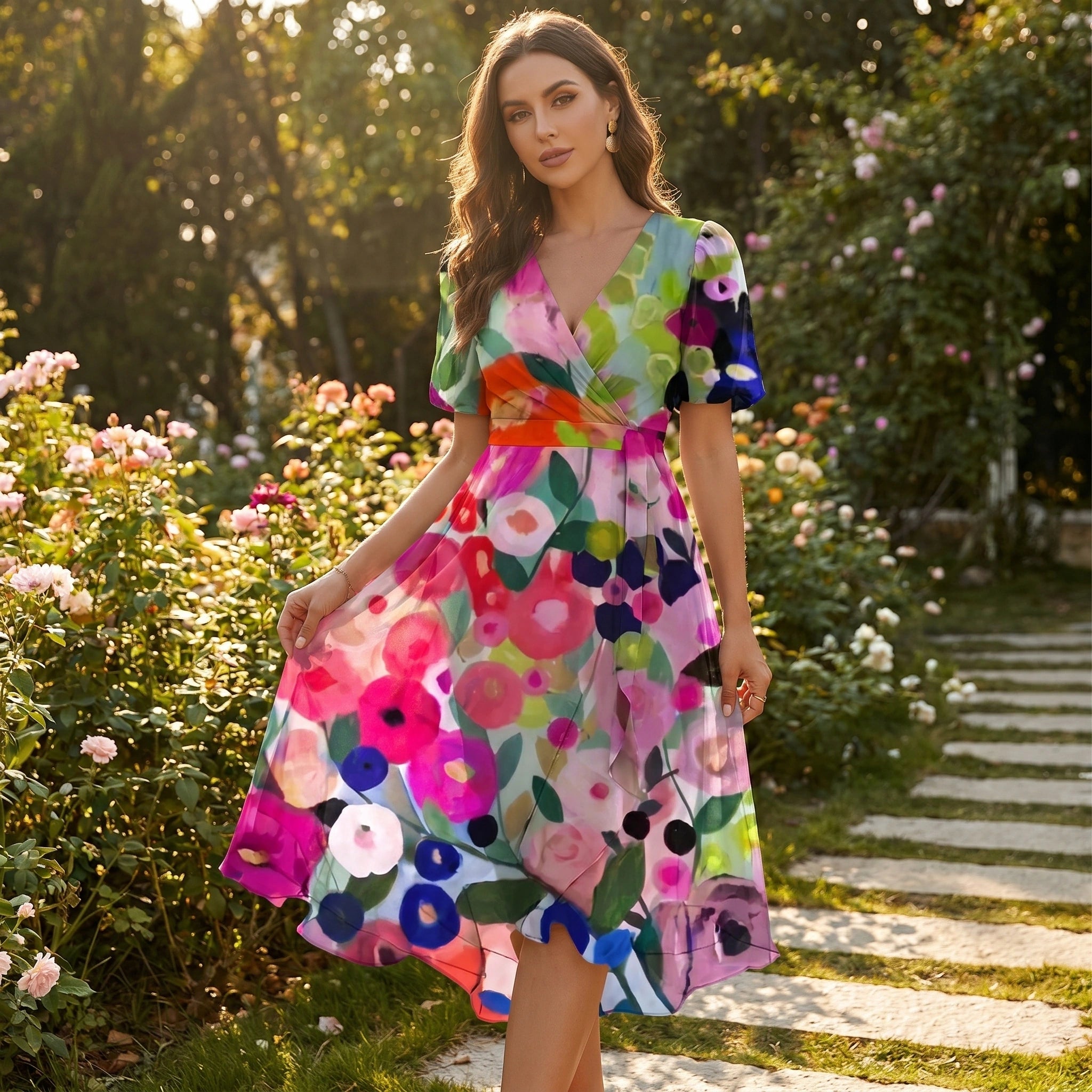Close up view of the lightweight fabric and delicate stitching of the Womens Flowy Summer Dress in soft pastel colors, showing its quality and design details.