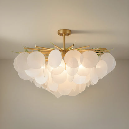 Close up of the Layered Glass Chandelier showing its glass layers and intricate design against a white background, showing its contemporary style.