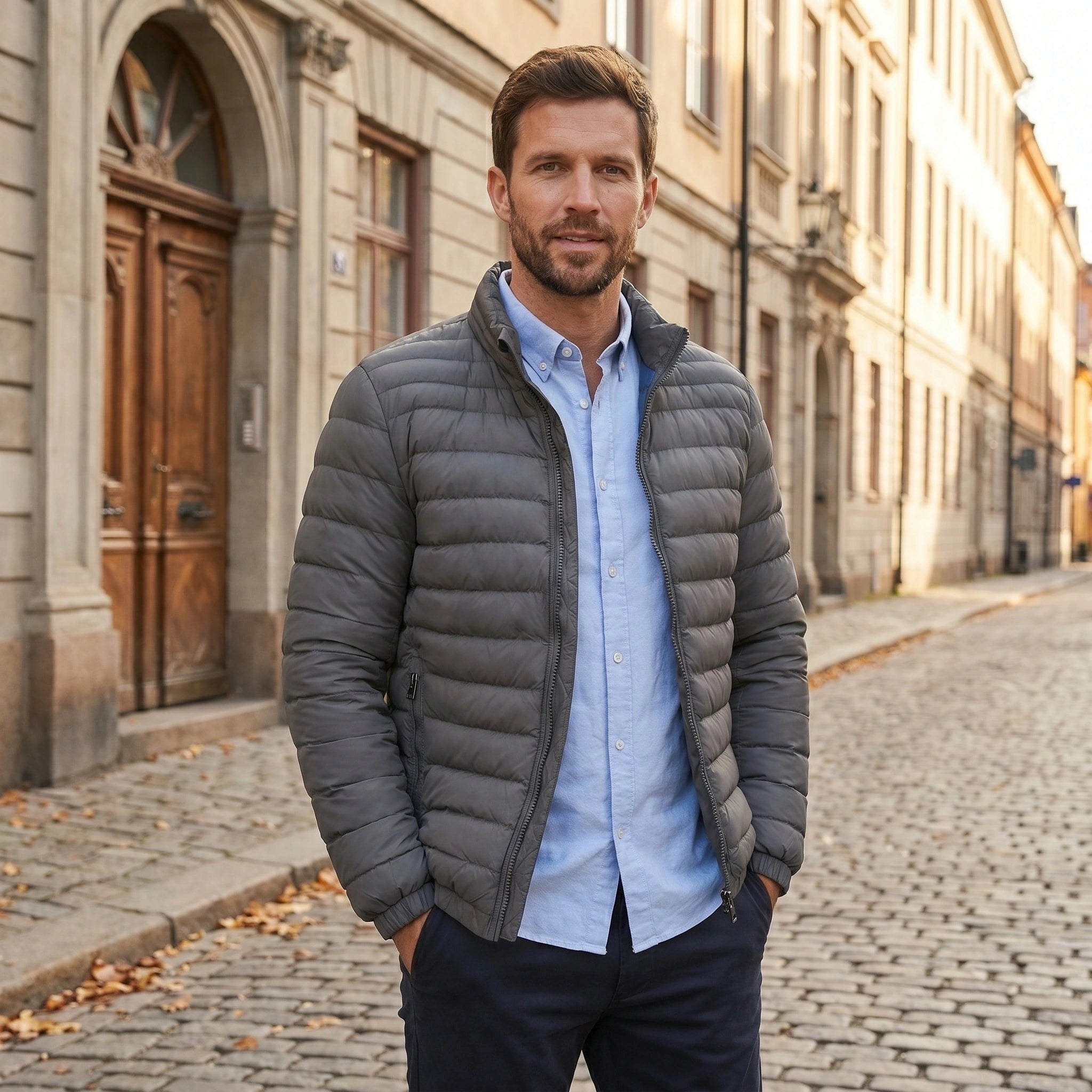 Close up of the Men's Lightweight Slim Transitional Puffer Jacket showing its sleek fabric texture, precise stitching, and modern design elements against a neutral background.