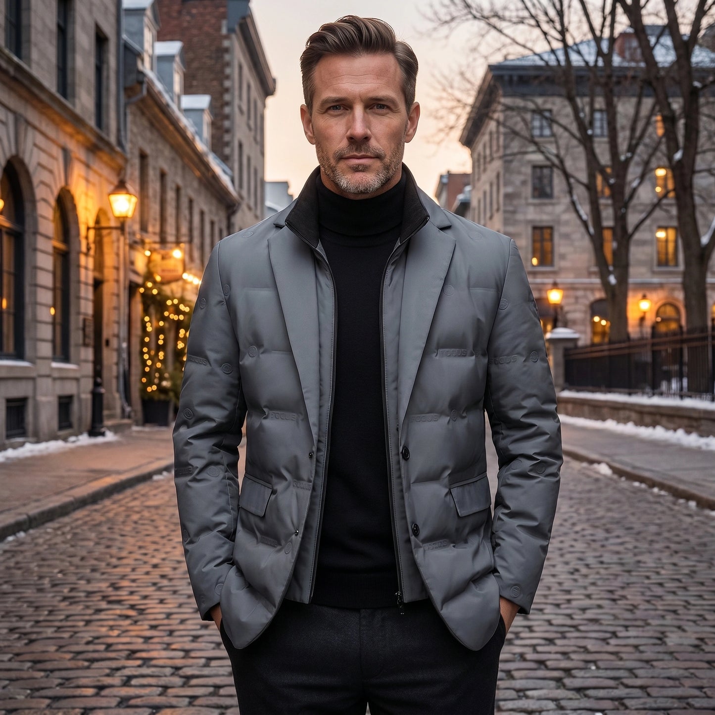 Close up of the mens streamlined winter jacket showing the luxurious fabric texture and precise stitching against a neutral background.