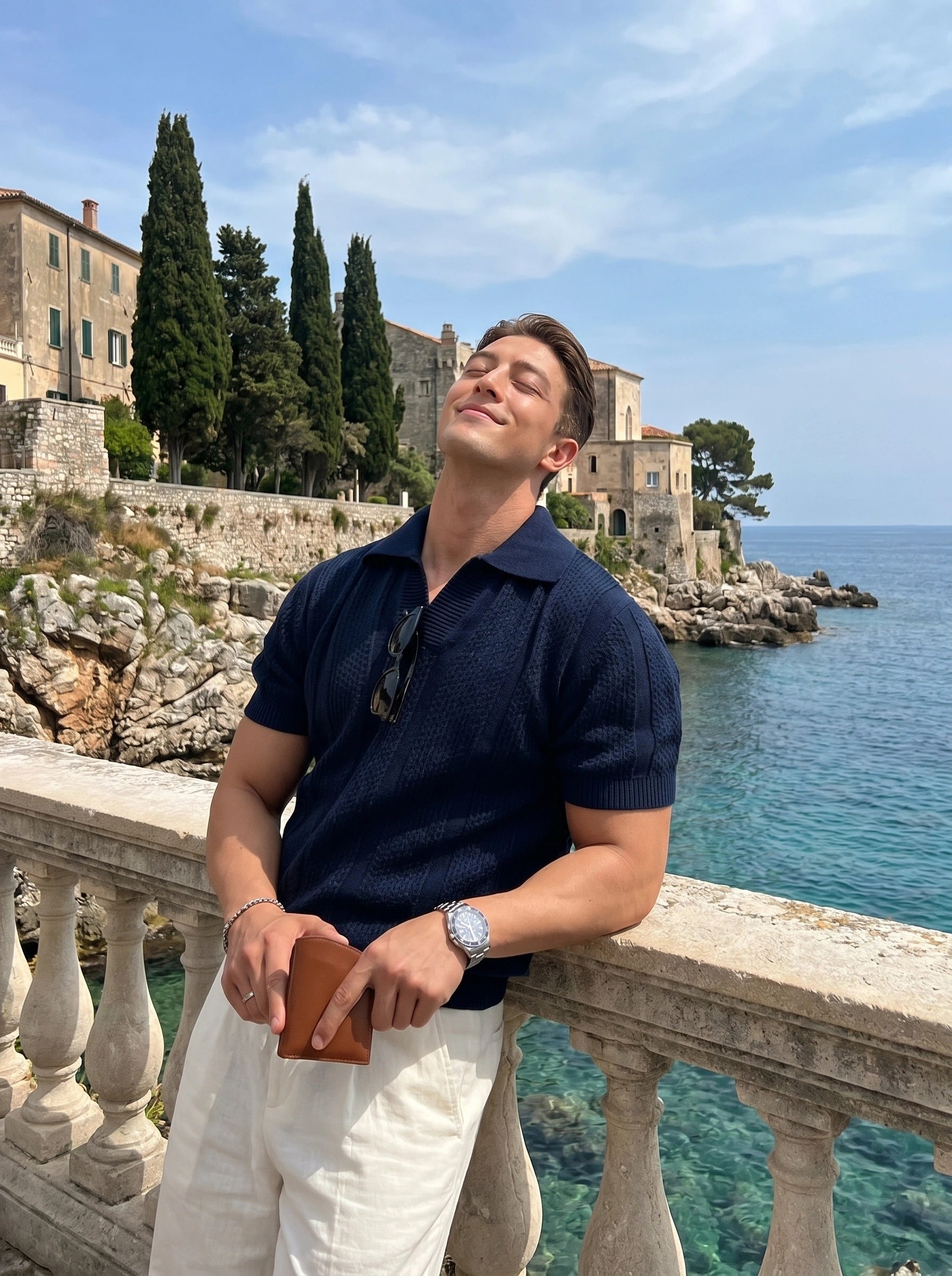 Close up view of the Mens Refined Relaxed Spring Polo Shirt showing the soft fabric texture, precise stitching, and collar against a neutral background.