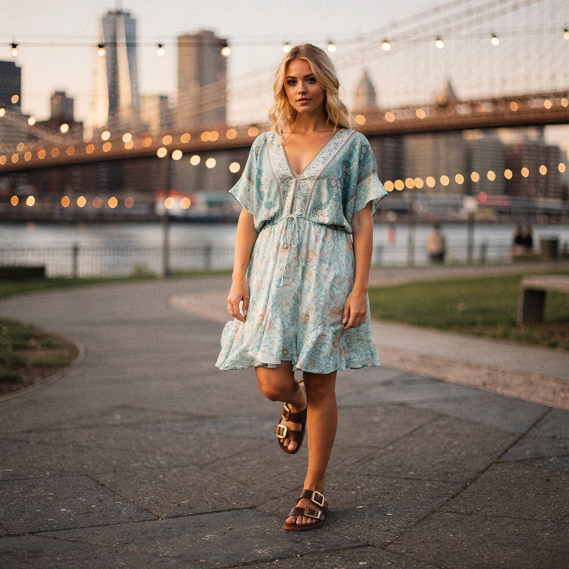 View of chic adjustable summer sandals in light tan leather with a stylish buckle and cushioned footbed