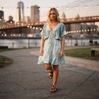 View of chic adjustable summer sandals in light tan leather with a stylish buckle and cushioned footbed