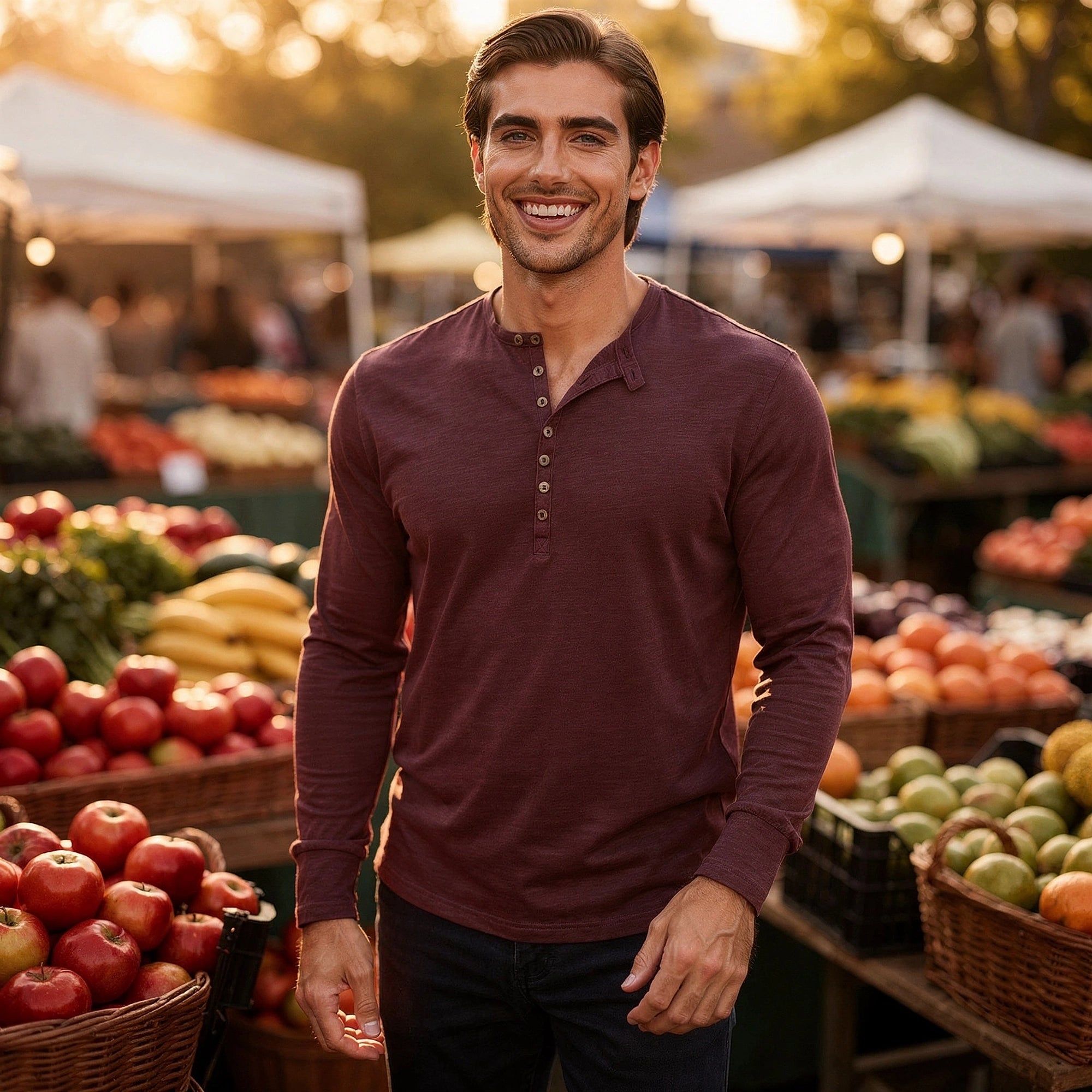 View of a light gray long sleeve henley shirt made from soft cotton fabric, featuring a three button placket