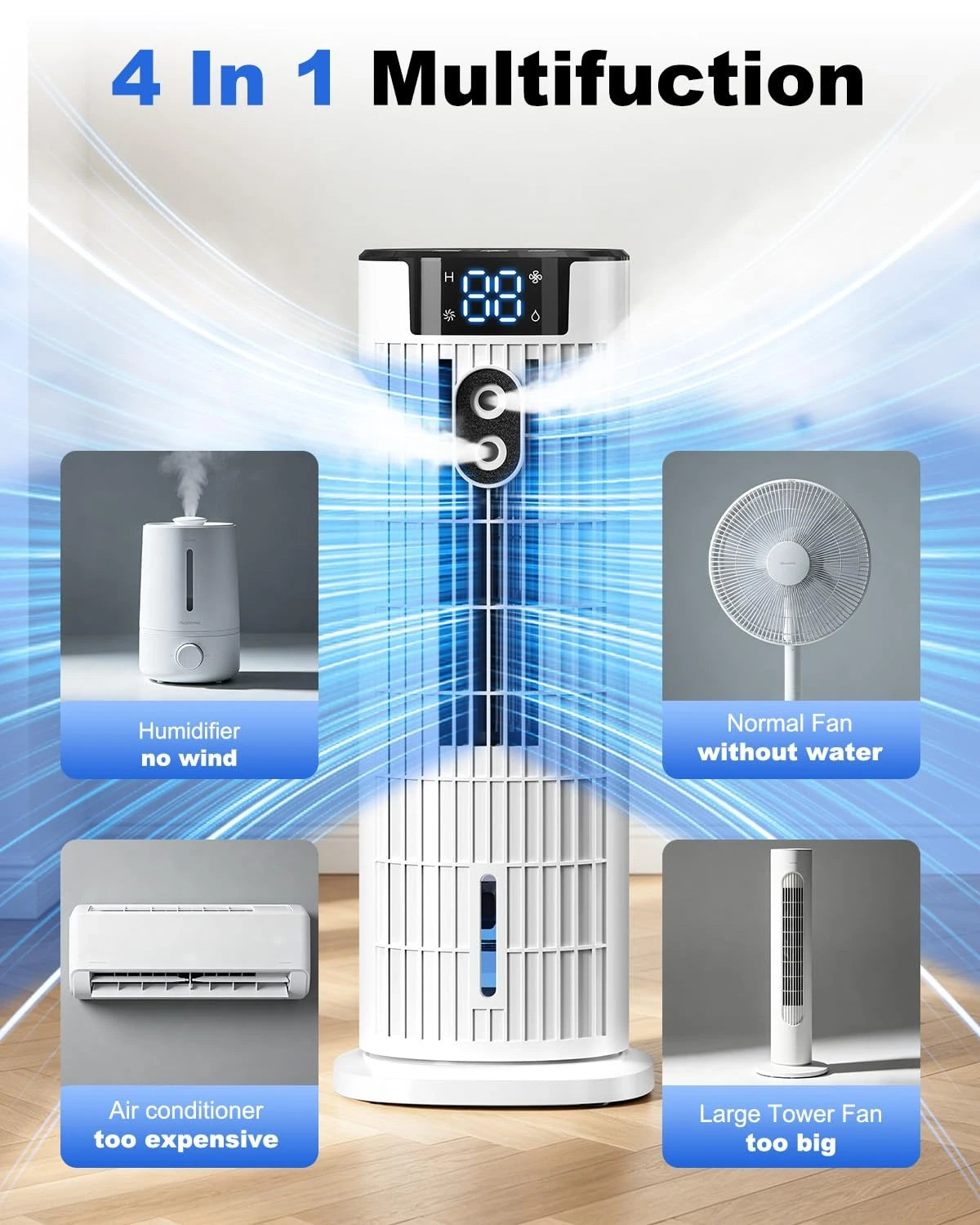 View of a compact air cooler showcasing the ventilation grill and remote control storage area for easy access