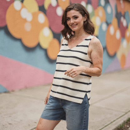 Lightweight navy blue summer sweater tank with a relaxed fit, featuring a nautical stripe pattern and wide armholes, view