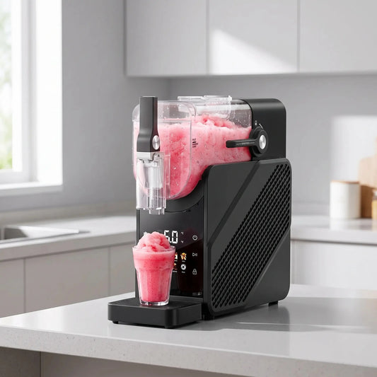 View of a sleek digital slushy maker with a touch control panel and a vibrant color scheme