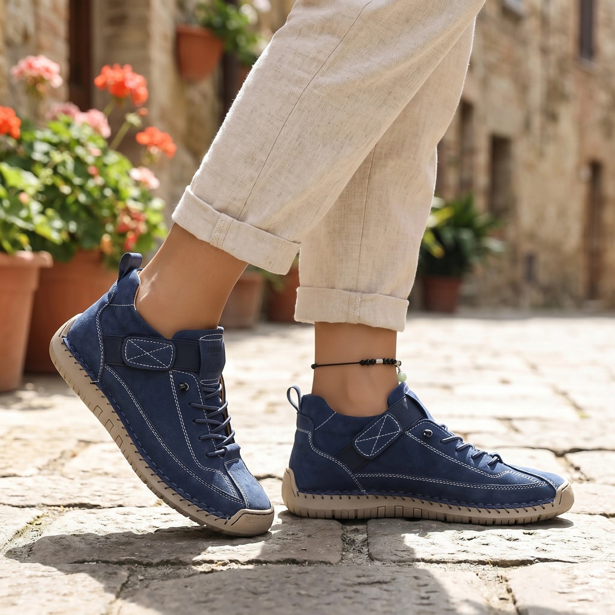 A model showcases orthopedic sneakers in white, paired with a high waisted skirt and a fitted top, set against a neutral background.