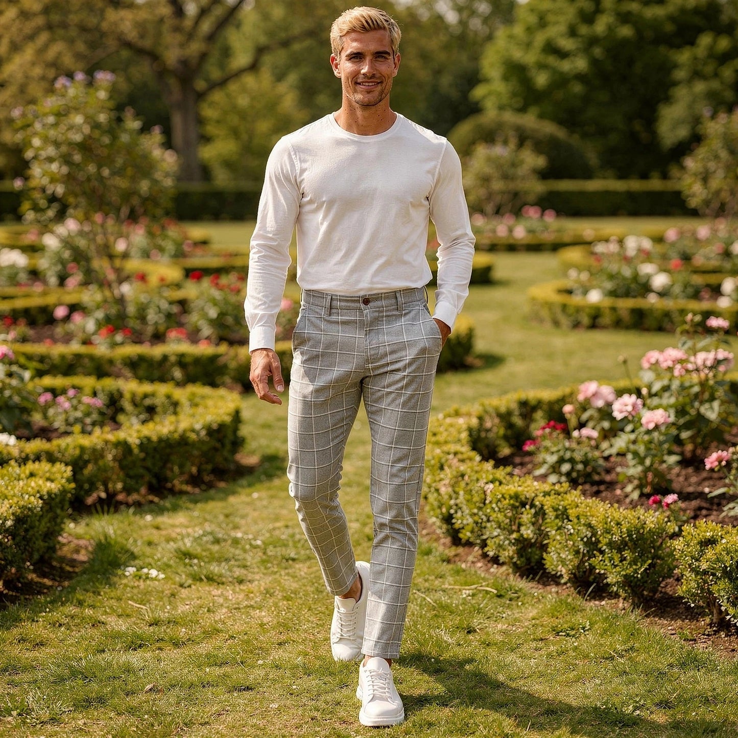 View of tailored tapered trousers in a soft gray fabric, featuring a sleek waistband and subtle pleats
